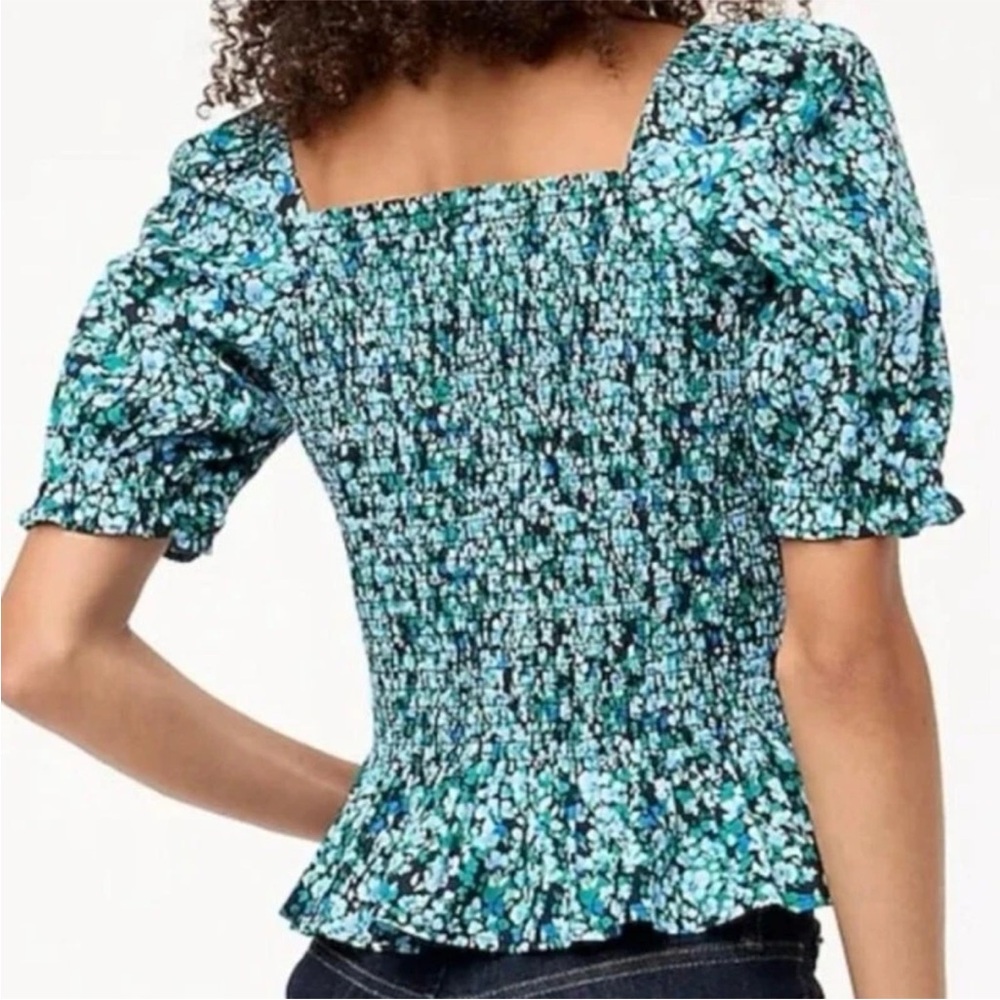 J. Crew Factory Floral Smocked Bodice Poplin Top Black Heritage Green Small - Picture 3 of 9